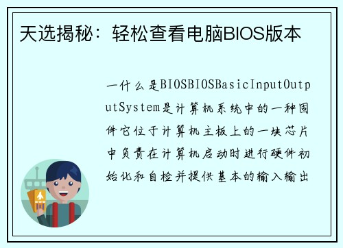天选揭秘：轻松查看电脑BIOS版本