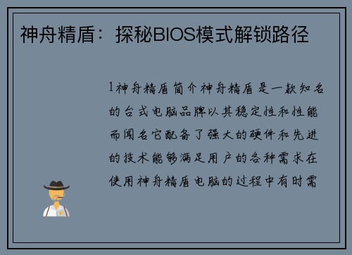 神舟精盾：探秘BIOS模式解锁路径