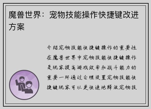 魔兽世界：宠物技能操作快捷键改进方案