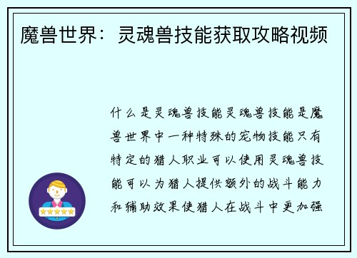 魔兽世界：灵魂兽技能获取攻略视频
